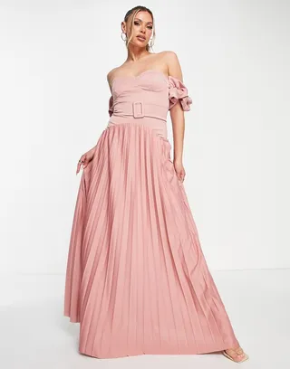 ASOS DESIGN Bardot belted pleated maxi dress in rose