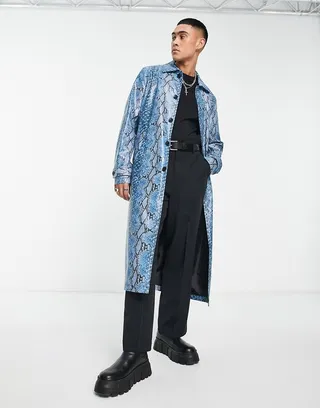ASOS DESIGN faux leather snake print trench coat in blue