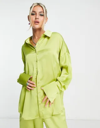Public Desire satin oversized shirt in lime - part of a set