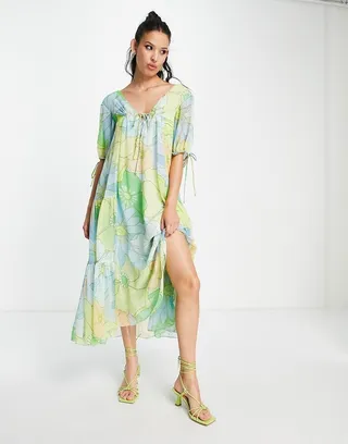 ASOS DESIGN 70's trapeze maxi dress in green floral print