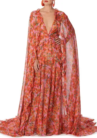 Anemone Print Caped Silk Chiffon Gown