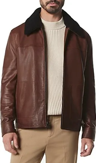 Andrew Marc Truxton Leather Removable Shearling Trim Jacket