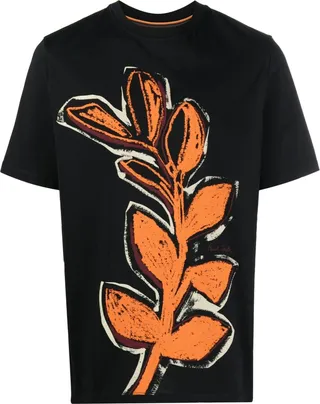leaf-print round-neck T-shirt