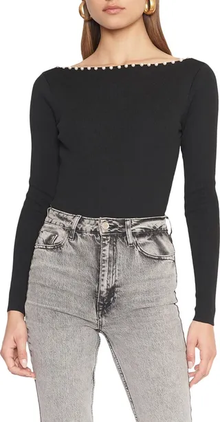 Cami Imitation Pearl Trim Long Sleeve Bodysuit