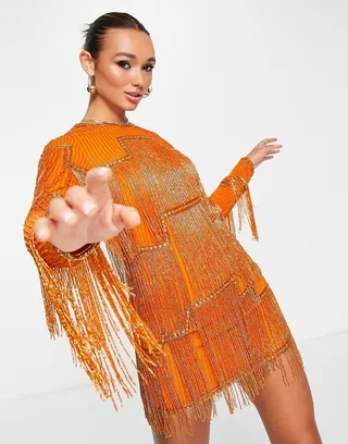 ASOS DESIGN embellished shift mini dress with beaded fringe in orange