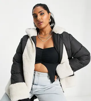 ASOS LUXE Curve faux fur trim puffer in black