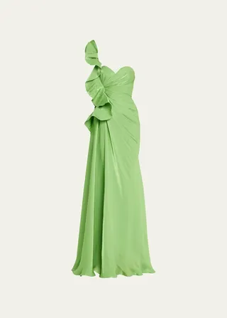 Botanical Leaf Ruched Ruffle Sweetheart Gown