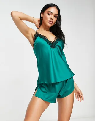 Ann Summers Cerise lace trim satin cami short set in green
