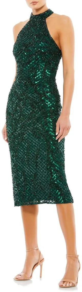 Sequin Plaid Halter Neck Cocktail Dress