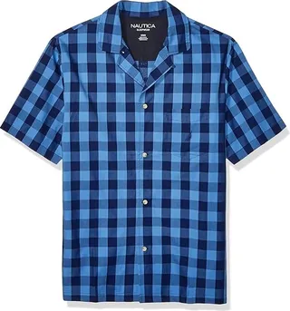 Nautica Men's Short Sleeve 100% Cotton Soft Woven Button Down Pajama Top (Blue Depths) Men's Pajama