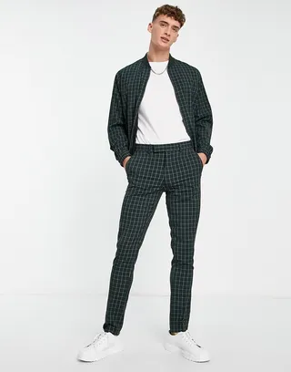ASOS DESIGN smart skinny pants in forest green grid check - part of a set