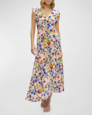 Leighton Floral-Print Flutter-Sleeve Maxi Dress
