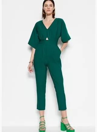 Emerald Green Woven Cut Out/Window Detailed Overalls TWOSS20TU0047