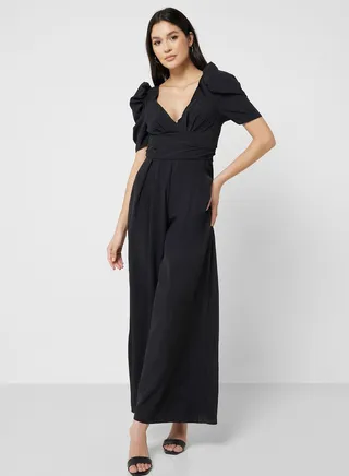Puff Sleeve Plunge Neck Jumpsuit