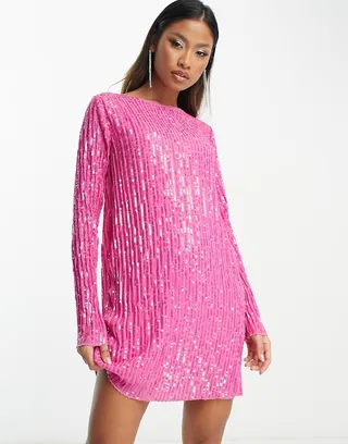 ASOS DESIGN long sleeve shift mini dress in plisse sequin in pink