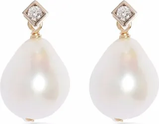 14kt Yellow Gold Princess Diamond And Pearl Drop Earrings