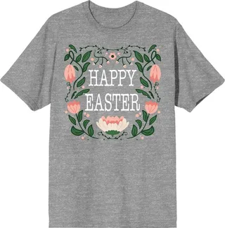 Soft Petal “Happy Easter” Pink Floral Women’s Heather Gray Short Sleeve Crew Neck Tee-Medium