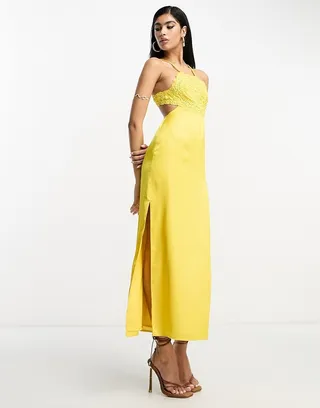 ASOS DESIGN embroidered bodice satin bias midi dress with open back in mustard