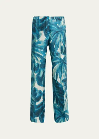Palm Leaf-Print Silk Crop Pants
