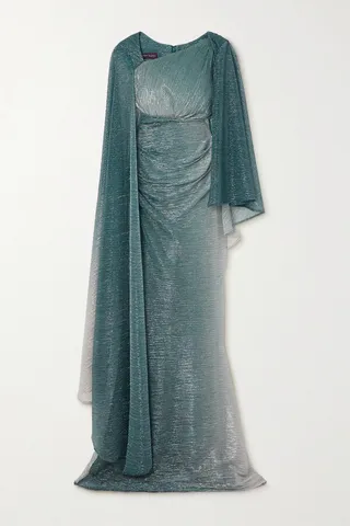 Talbot Runhof - Asymmetric Cape-effect Metallic Voile Gown - Blue