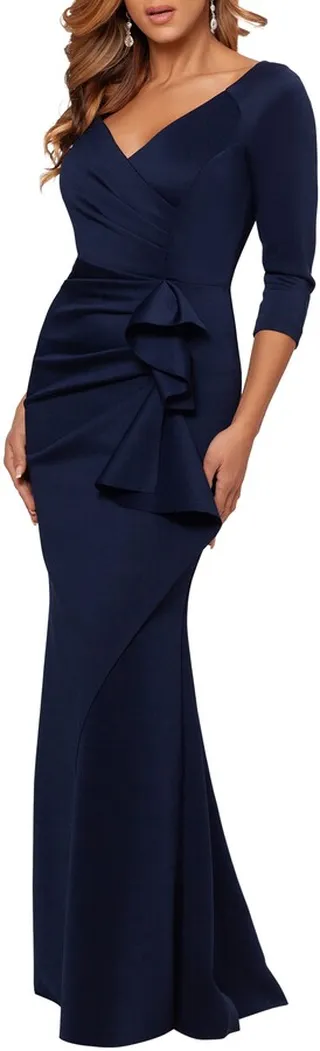 Ruched Scuba Ruffle Gown