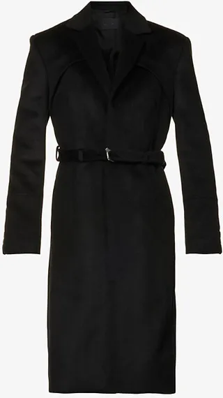 Womens Black Tailored Waist-belted Wool Coat