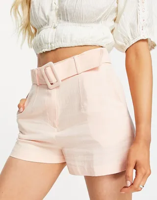 Miss Selfridge belted linen blend short in peach
