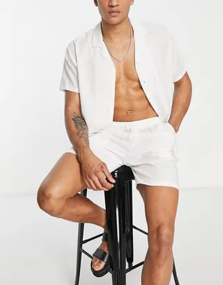 South Beach stripe linen blend beach shirt in white