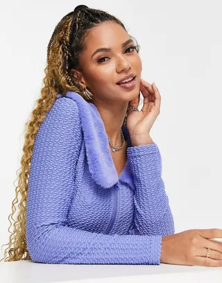 ASOS DESIGN faux fur collar cardigan in blue