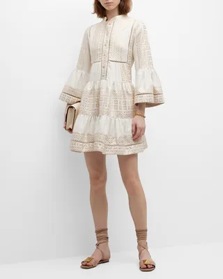 Bell-Sleeve Metallic Jacquard Mini Dress