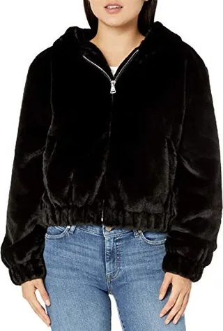 The Drop Women's Sloane Faux Fur Zip Front Hooded Bomber Jacket Outerwear
