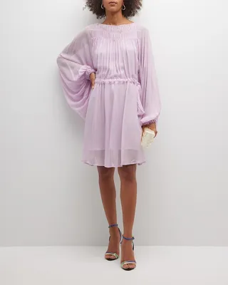 Pleated Poet-Sleeve Georgette Dress