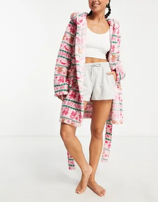 ASOS DESIGN Christmas fairisle borg fleece mini robe in pink