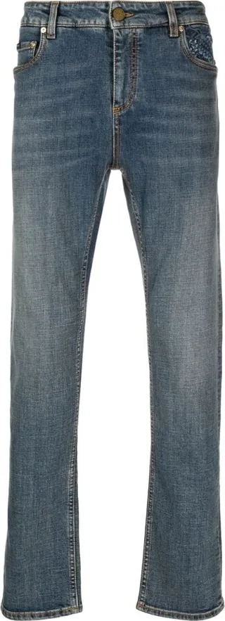Embroidered-Motif Washed-Denim Jeans