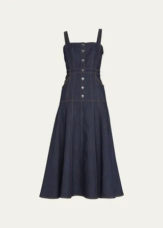 Veena Denim Button-Front Fit-And-Flare Midi Dress