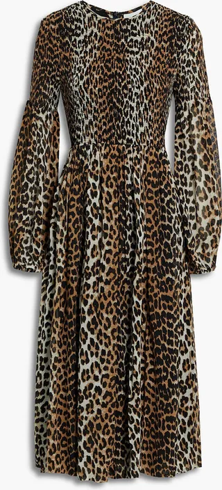 Shirred leopard-print crepe midi dress