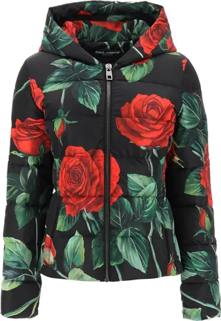 Red Rose Print Hooded Puffer Jacket