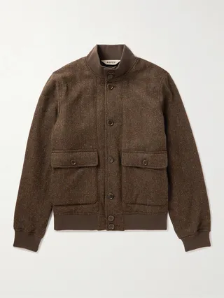 Padded Herringbone Wool Bomber Jacket