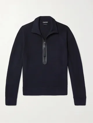 Leather-Trimmed Merino Wool Half-Zip Sweater