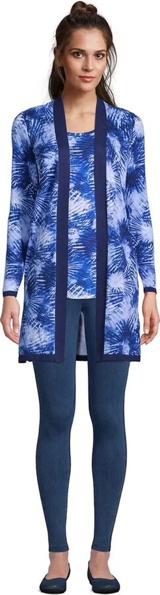 Lands' End Women's Tall Fine Gauge Cotton Long Open Cardigan Sweater - Print - Medium Tall - Deep Sea Navy Tie Dye Palm