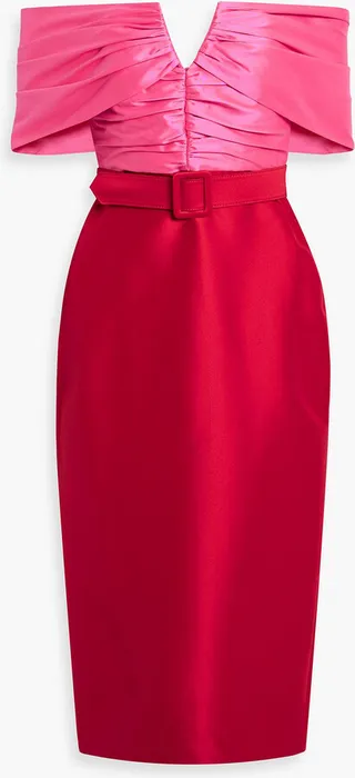 Off-the-shoulder two-tone duchesse-satin midi dress
