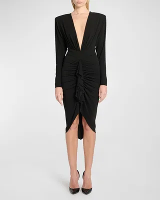 Plunging Strong-Shoulder Ruffle Midi Dress