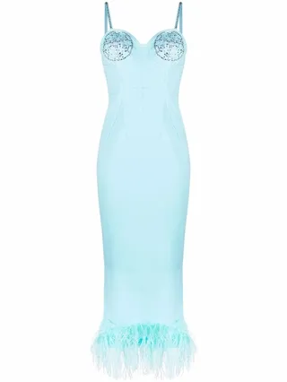 Feather-Trim Denim Midi Dress