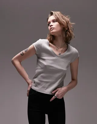 Topshop ribbed slim v neck tee in gray