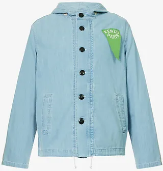 ens Stone Bleached Brand-patch Funnel-neck Relaxed-fit Denim Hooded Parka Jacket