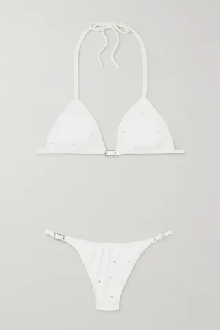 Alessandra Rich - Embellished Halterneck Triangle Bikini - White