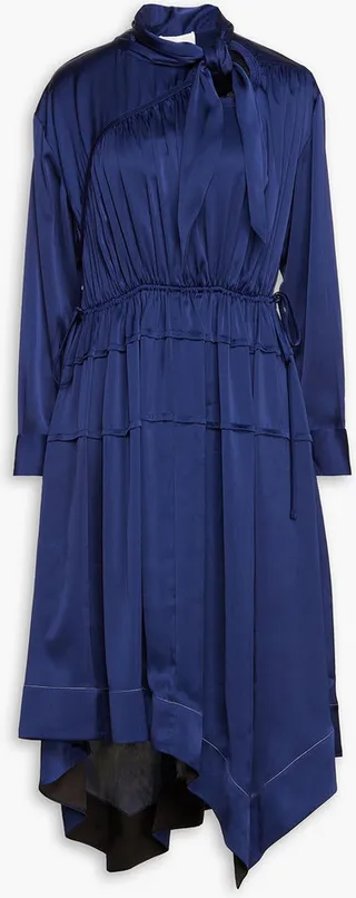 Asymmetric gathered pleated satin midi dress