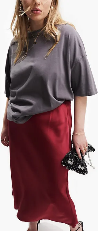 ASOS DESIGN Curve satin bias midi skirt in beet red