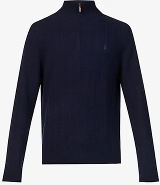 Polo Ralph auren Mens Hunter Navy ogo-embroidered Half-zip Cable-knit Wool and Cotton-blend Jumper