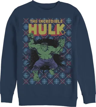 Men's Marvel Hulk Smash Holiday Ugly Sweater Sweatshirt - Navy Blue - Large